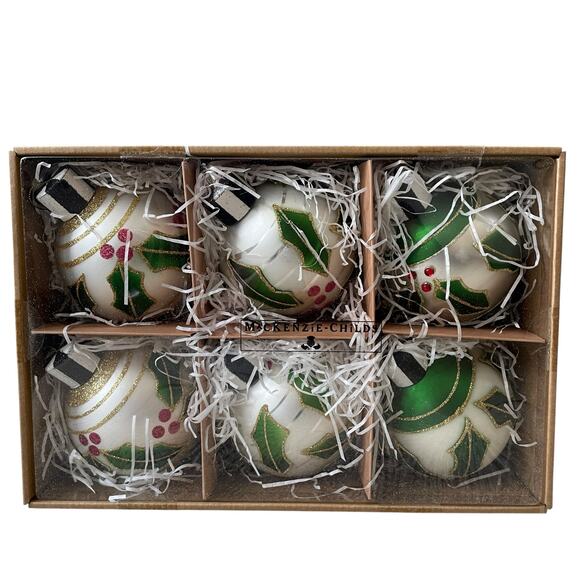 Brand New Mackenzie-Childs Holly Leaf Glass Ball Ornaments, Set of 6 - Picture 3 of 5